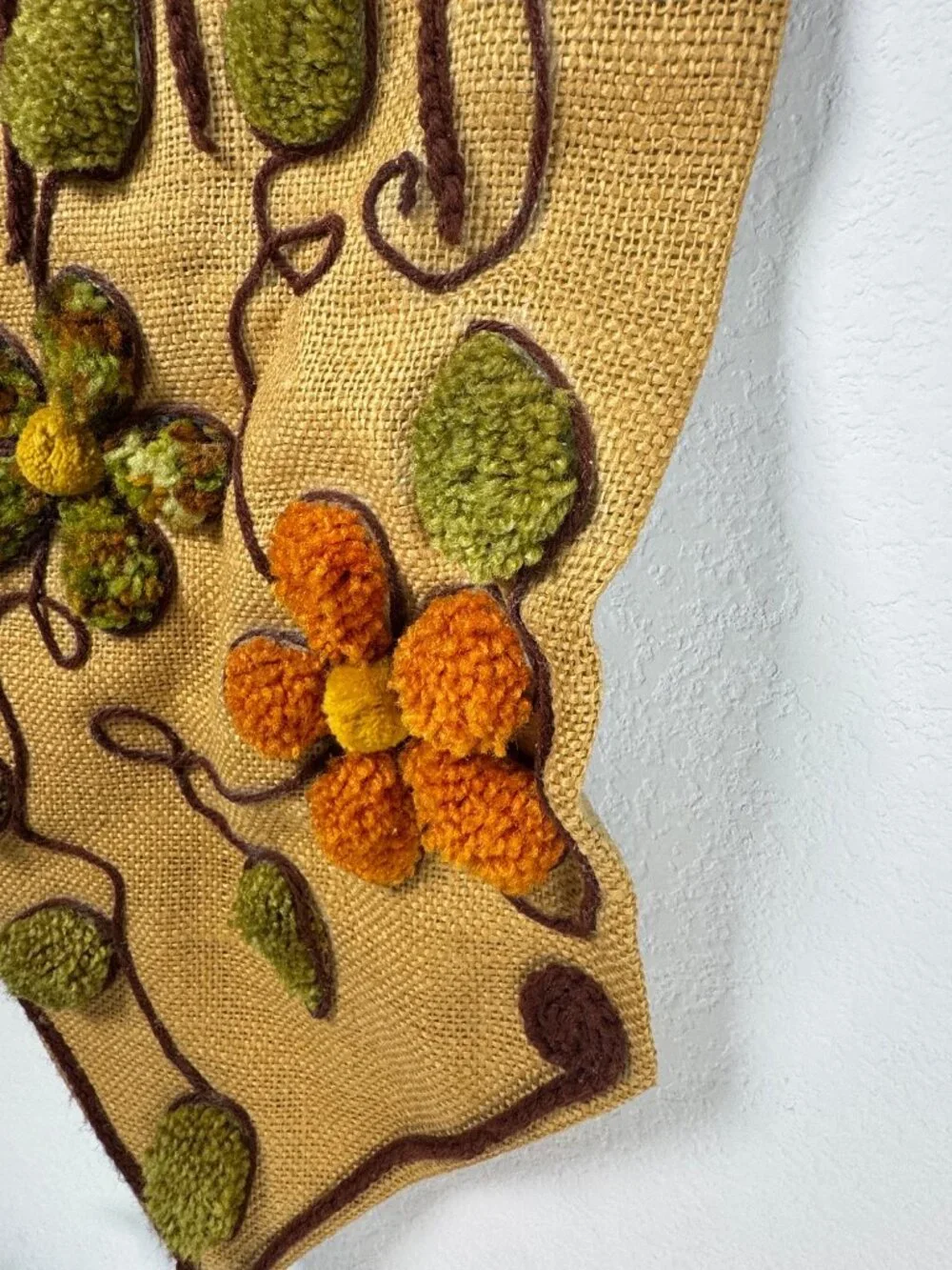 Handcrafted Burlap Yarn Wall Hanging w Windmill Floral Design 1970s Vintage
